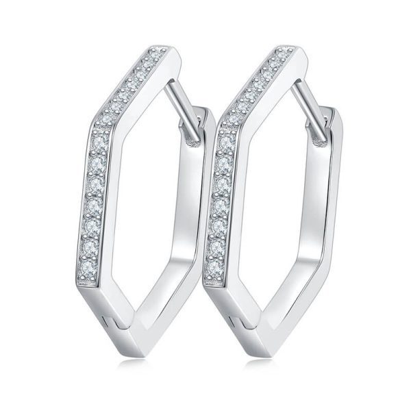 Sterling Silver 925 Round Diamonds Hexagon Hoop Earrings