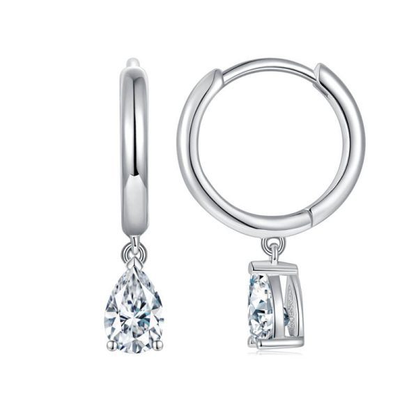 Sterling Silver 925 4 Prong Pear Diamonds Hoop Earrings