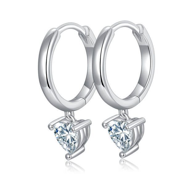 Sterling Silver 925 4 Prong Heart Diamonds Hoop Earrings - Image 2