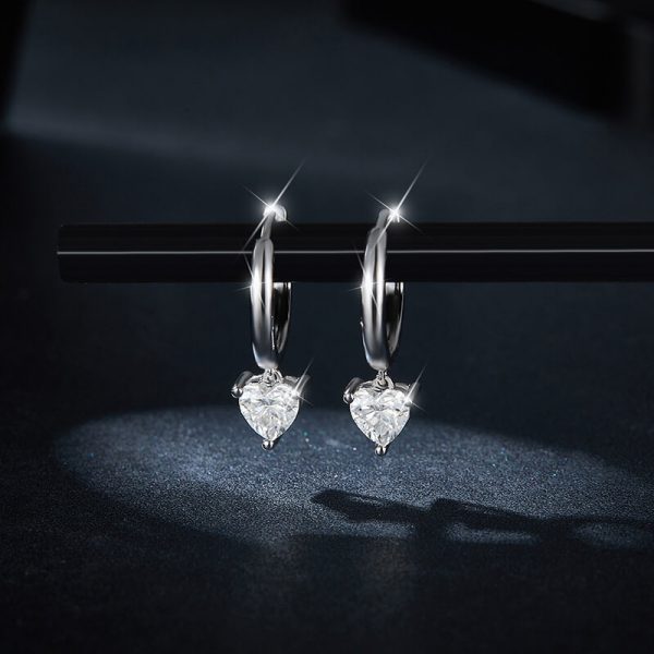 Sterling Silver 925 4 Prong Heart Diamonds Hoop Earrings - Image 3