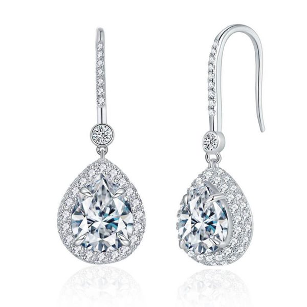 Sterling Silver 925 Halo Pear Shaped Diamonds Drop Earrings