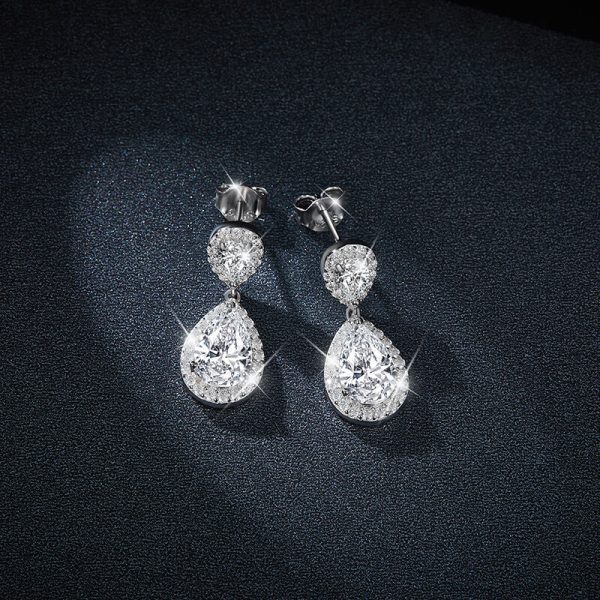 Sterling Silver 925 Halo Pear Shaped Diamonds Drop Earrings - Image 2