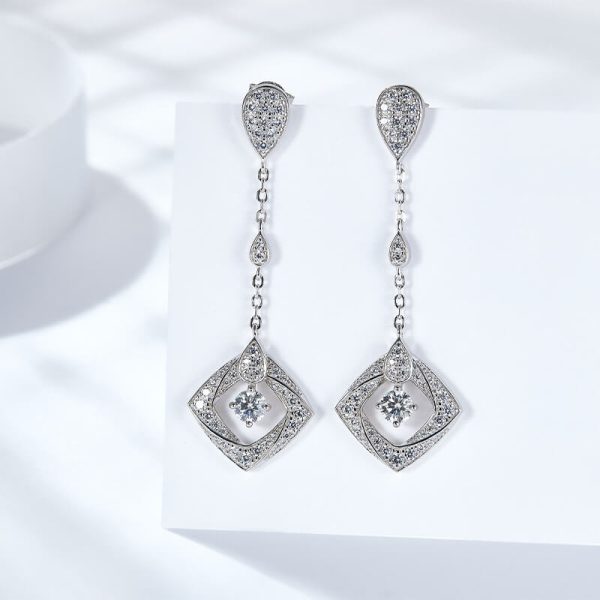 Sterling Silver 925 Rhombus Hollowed Out Round Diamonds Dangle Earrings - Image 2