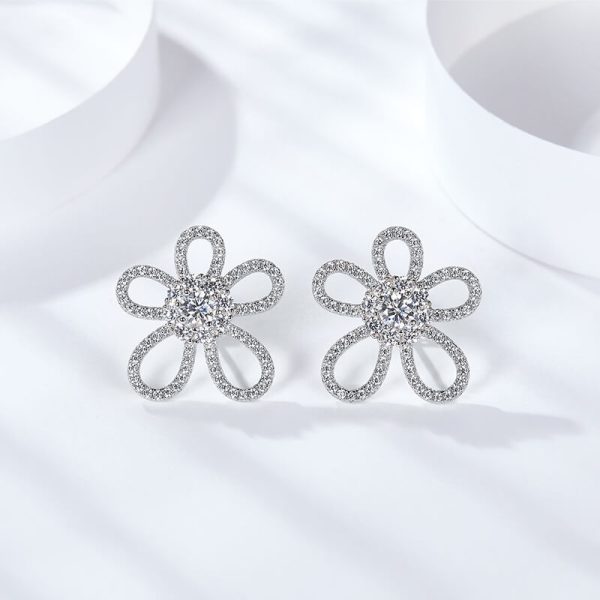 Sterling Silver 925 Round Diamond Hollow Out Flower stud Earring - Image 2