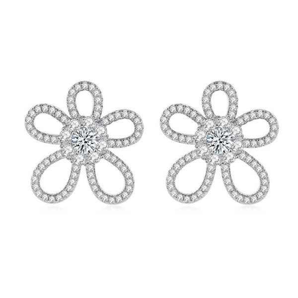 Sterling Silver 925 Round Diamond Hollow Out Flower stud Earring